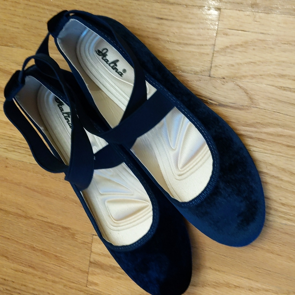 Navy velvet ankle strap flats, size 6